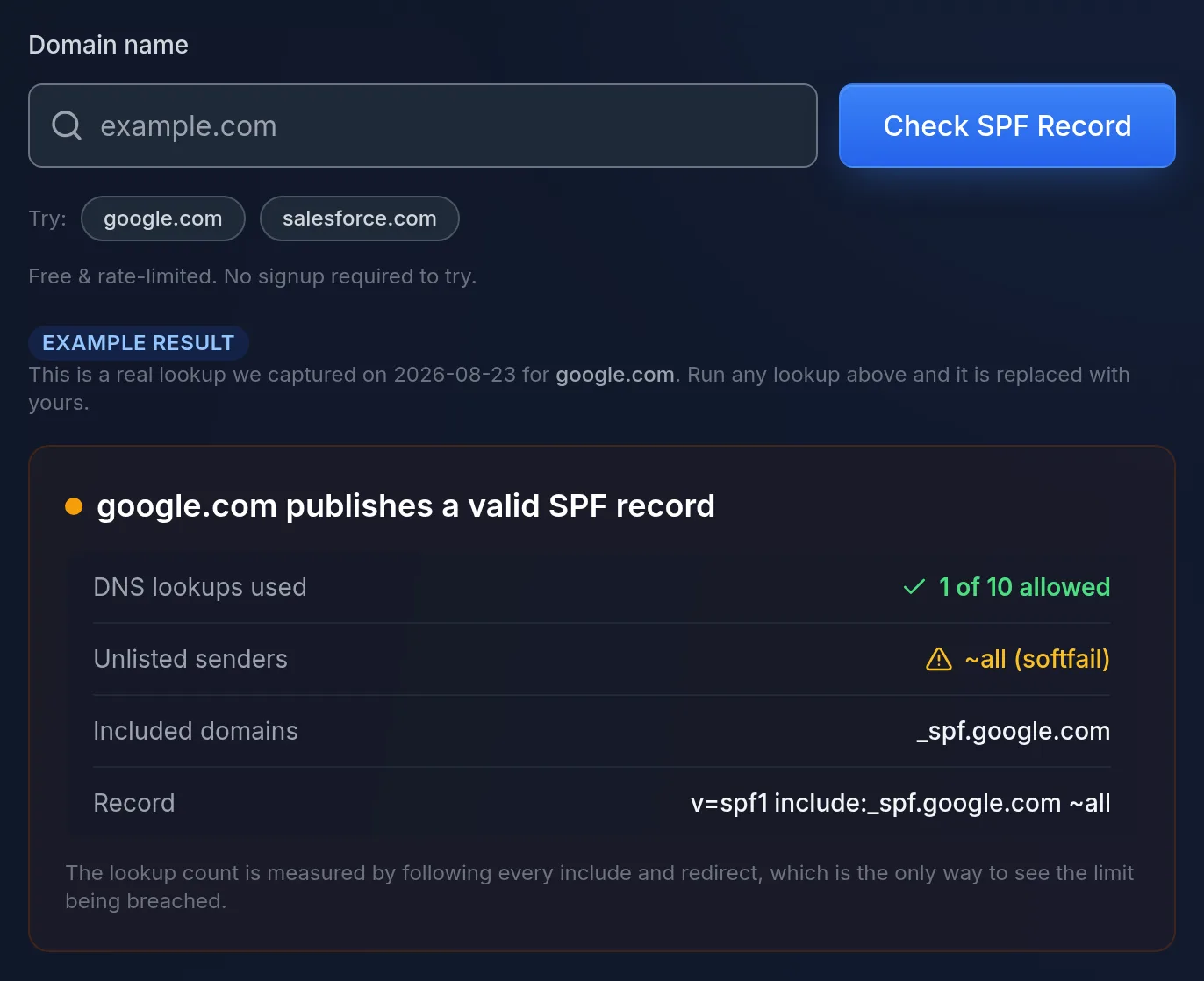 Screenshot of the free 1Lookup SPF record checker showing an example result for google.com: DNS lookups used against the limit of ten, the all qualifier and the included domains